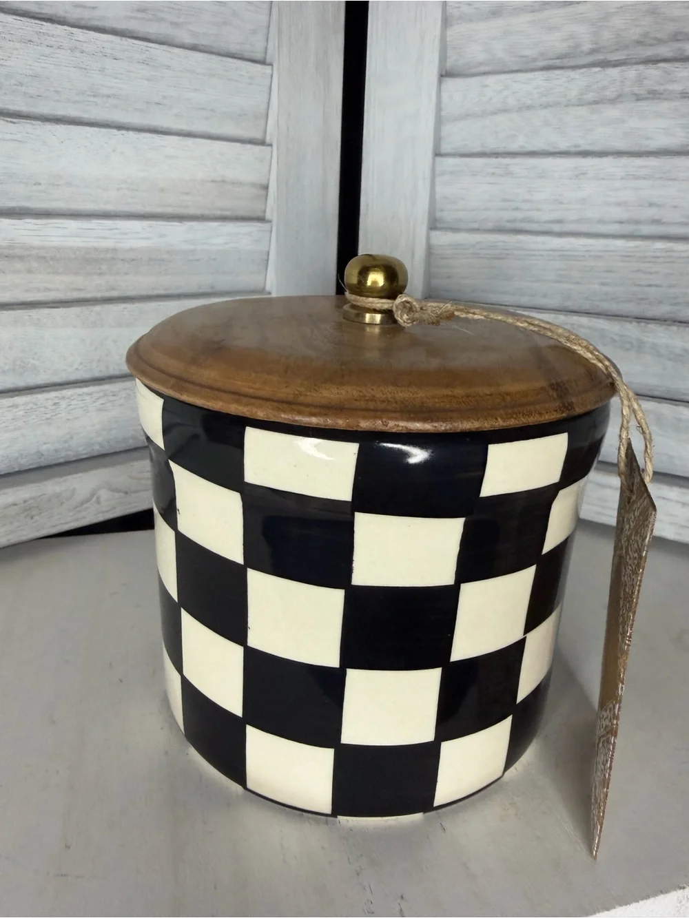 Checkerboard Ceramic Canister with Wood Lid Mackenzie Childs Inspired